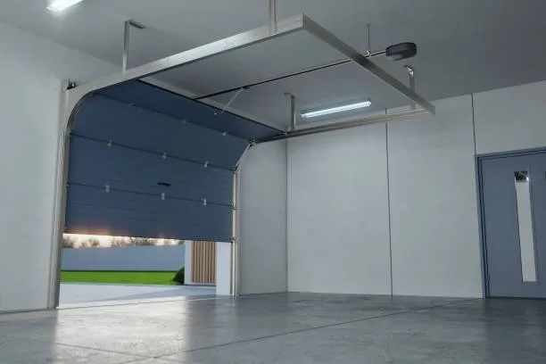 Partially opened modern garage door with a clean, minimal interior. -modern garage doors